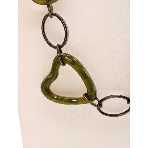 Variegated Camo Green Lucite Multi Shape Antique Bronze Link Chain 26" Necklace - Picture 3 of 9